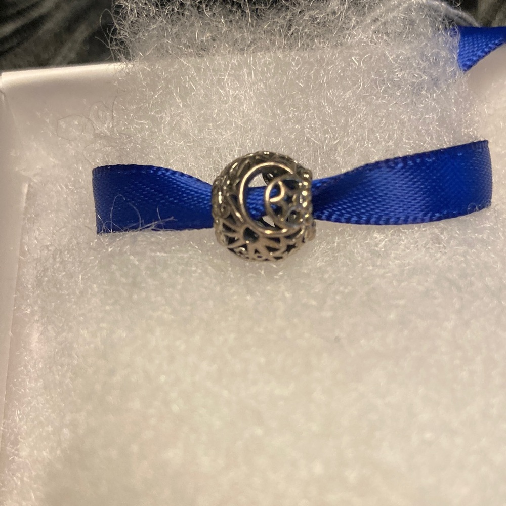Pandora Silver Charm Moon and Stars with Royal Blue Ribbon